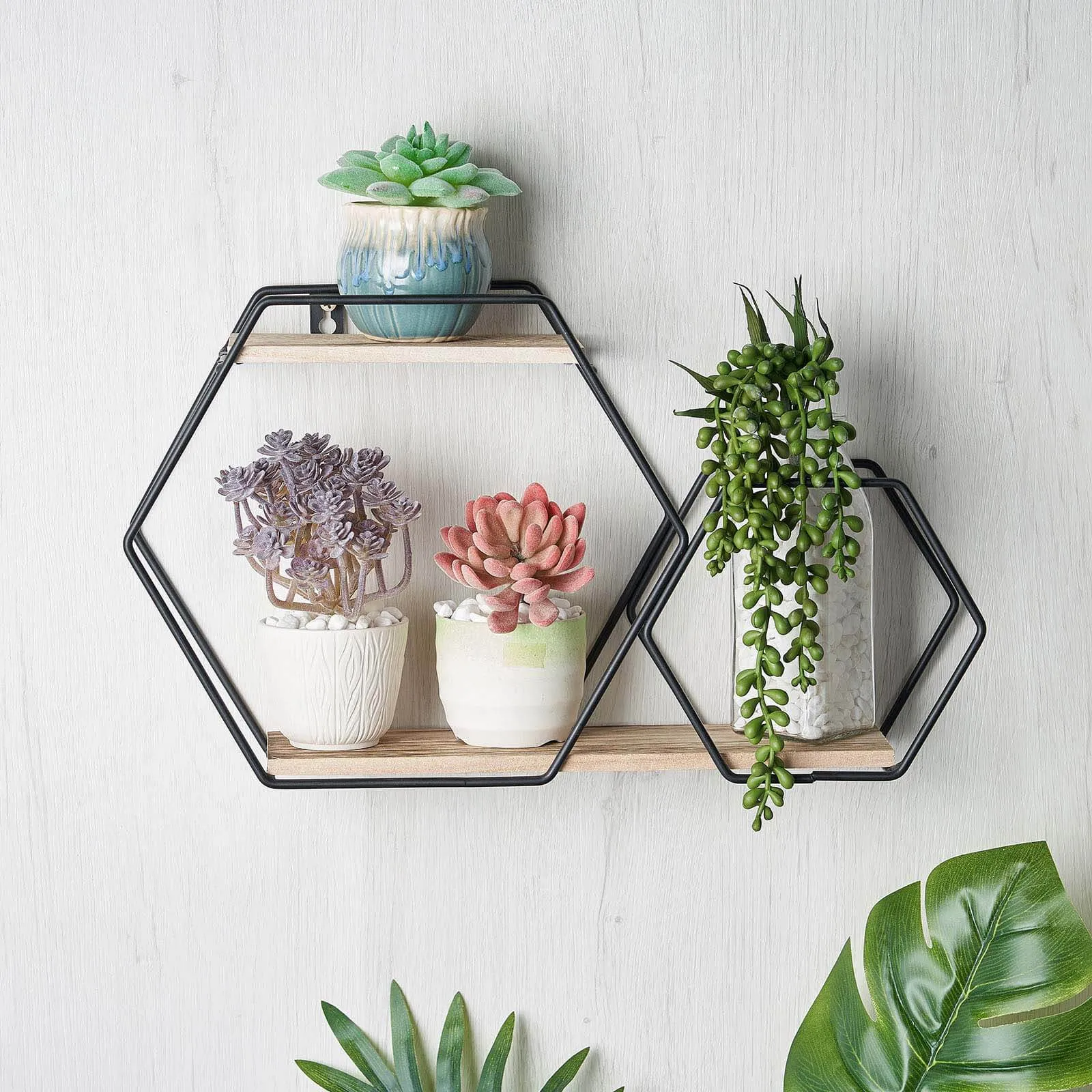 10"x17" 2-Tier Hexagon Floating Shelf, Dessert Display Stand With Black Double Geometric Design