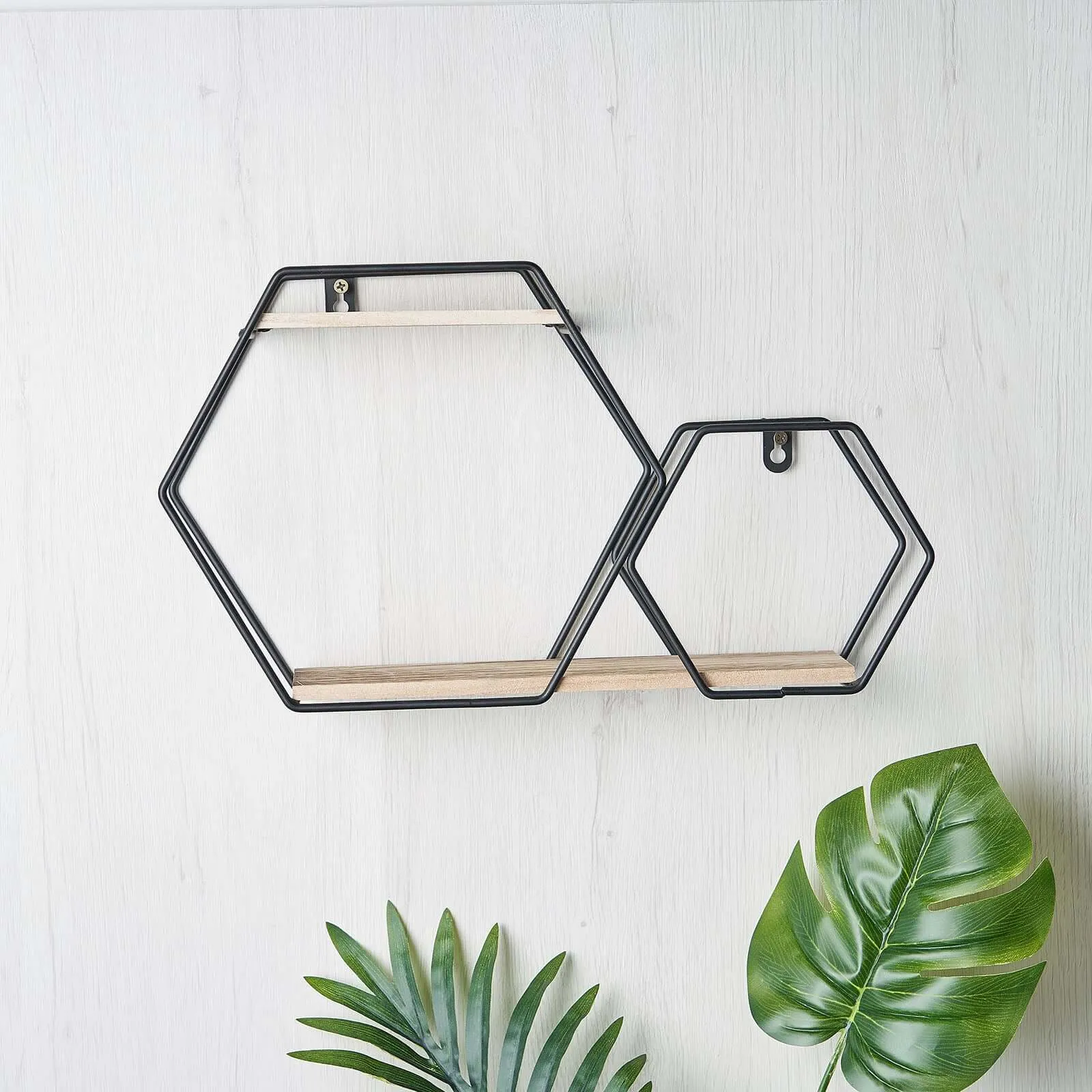 10"x17" 2-Tier Hexagon Floating Shelf, Dessert Display Stand With Black Double Geometric Design