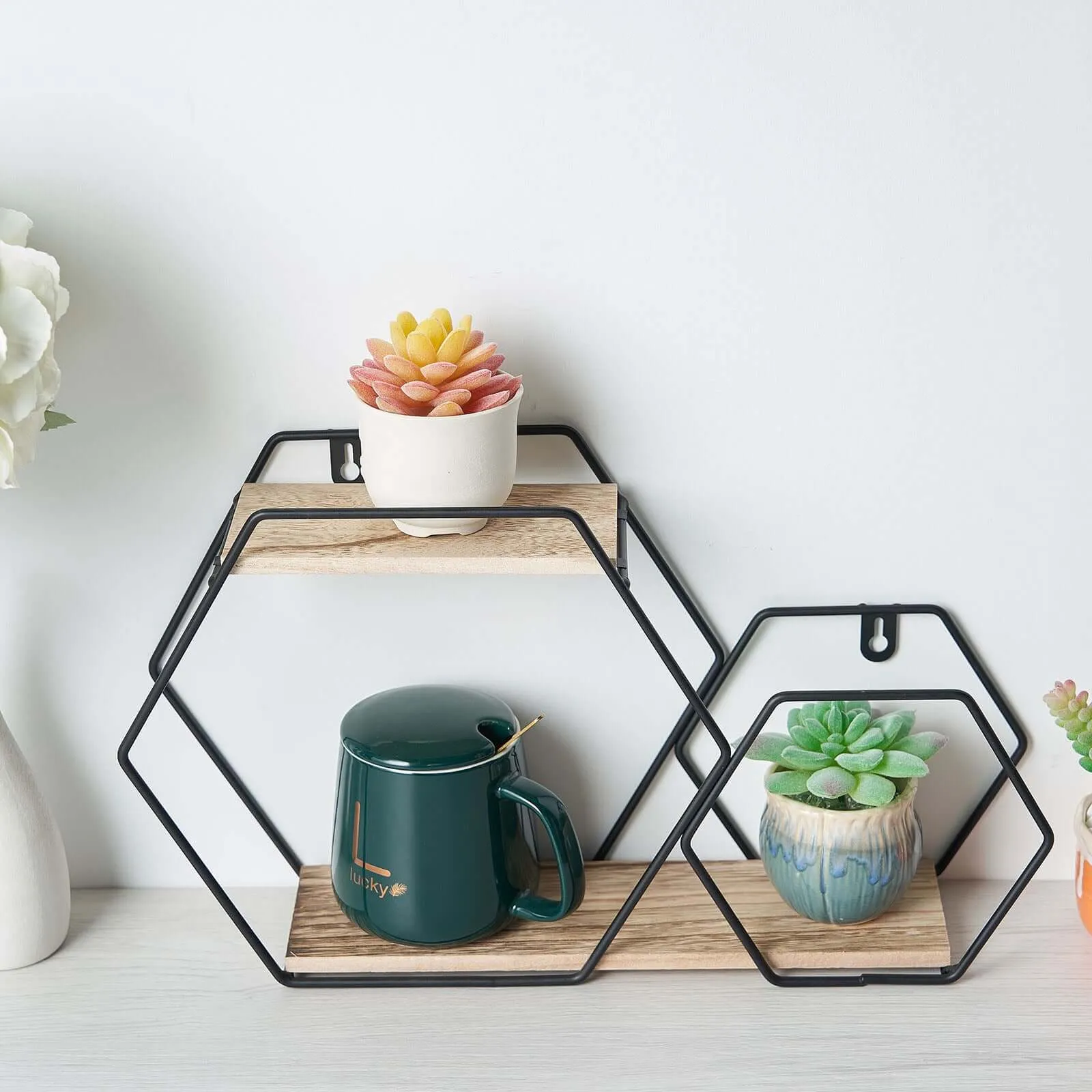 10"x17" 2-Tier Hexagon Floating Shelf, Dessert Display Stand With Black Double Geometric Design