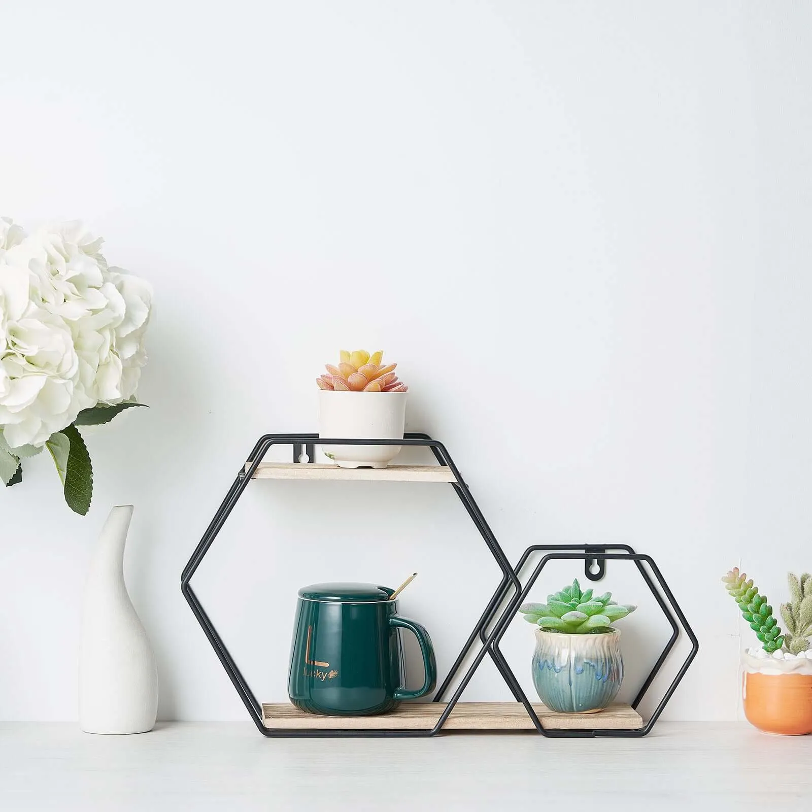 10"x17" 2-Tier Hexagon Floating Shelf, Dessert Display Stand With Black Double Geometric Design