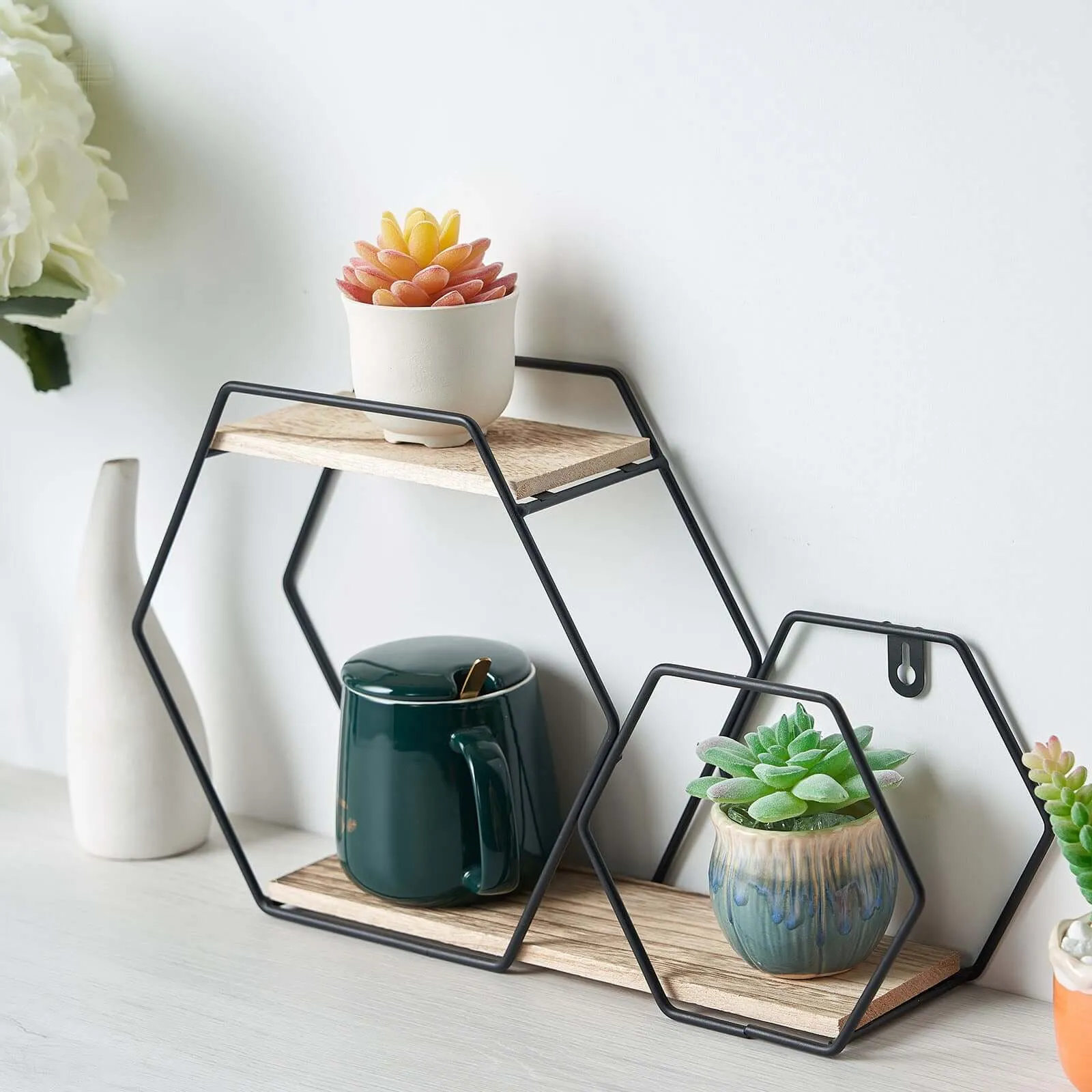 10"x17" 2-Tier Hexagon Floating Shelf, Dessert Display Stand With Black Double Geometric Design