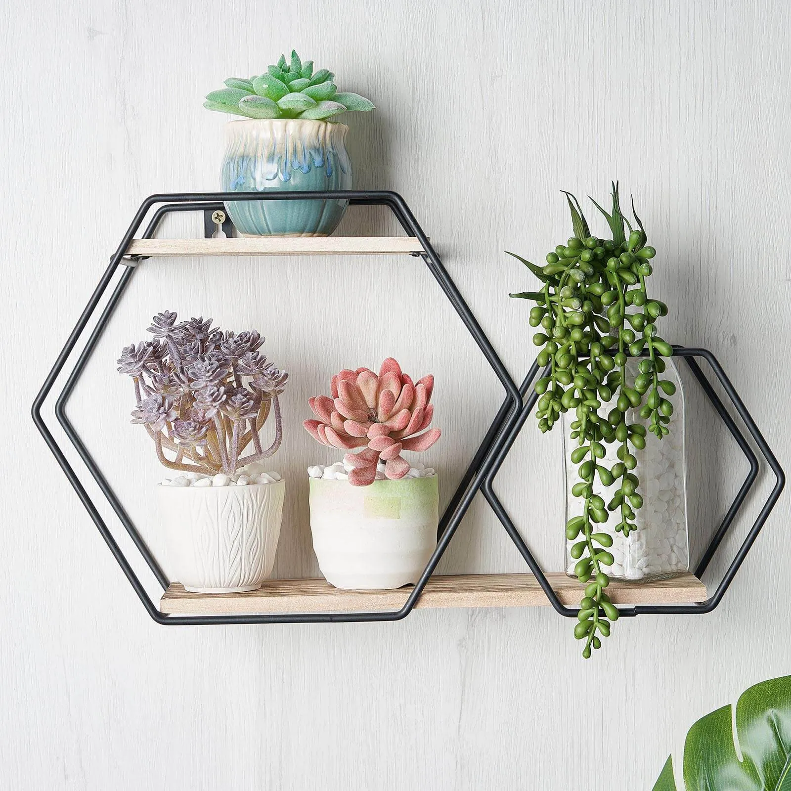 10"x17" 2-Tier Hexagon Floating Shelf, Dessert Display Stand With Black Double Geometric Design