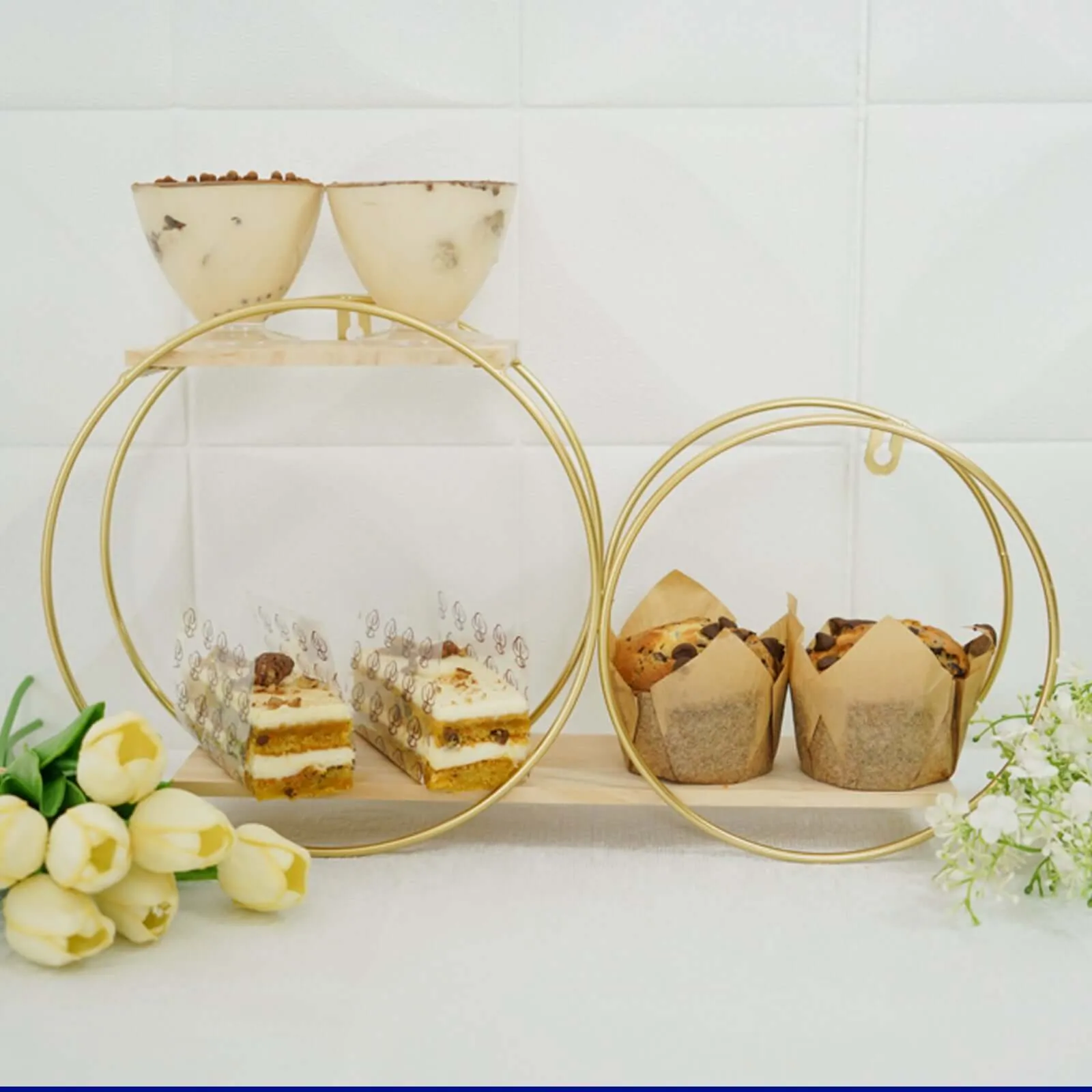 10"x18" 2-Tier Round Floating Shelf, Dessert Display Stand, Hanging Wall Shelf Gold With Double Hoop Design