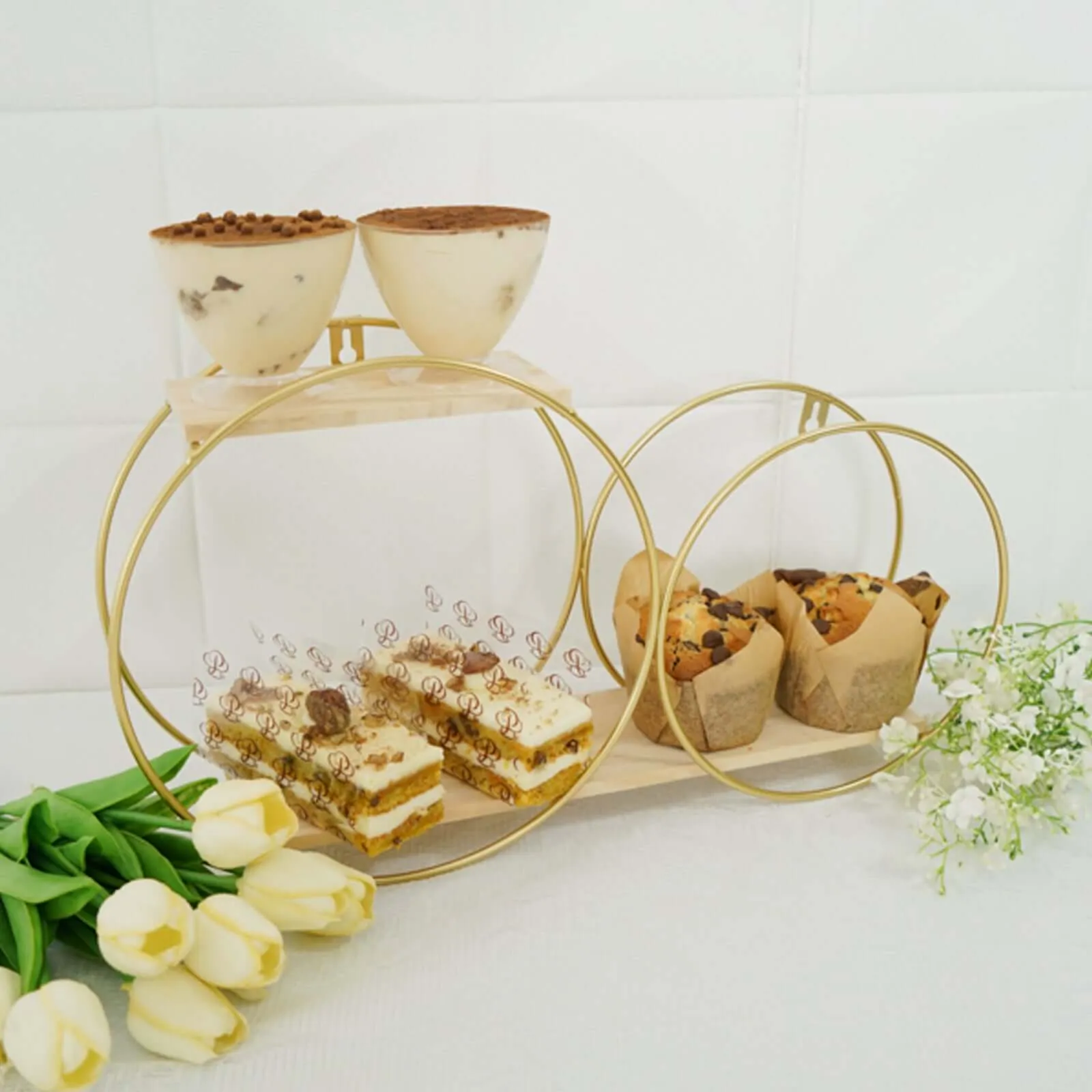 10"x18" 2-Tier Round Floating Shelf, Dessert Display Stand, Hanging Wall Shelf Gold With Double Hoop Design