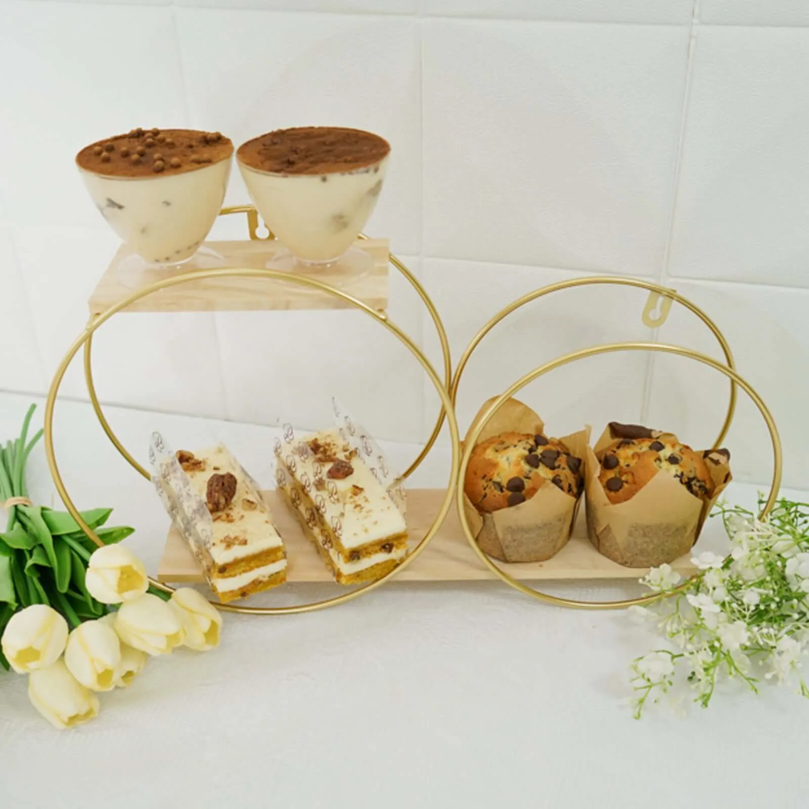 10"x18" 2-Tier Round Floating Shelf, Dessert Display Stand, Hanging Wall Shelf Gold With Double Hoop Design