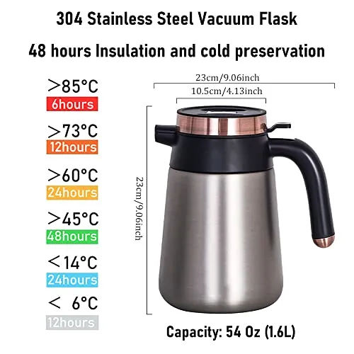 54 Oz Thermal Coffee Carafe with Temperature Display - Insulated 304 Stainless Steel Double Walled Vacuum Flask Coffee Carafes For Keeping Hot Coffee & Tea For 48 Hours Coffee Dispenser (Silver)