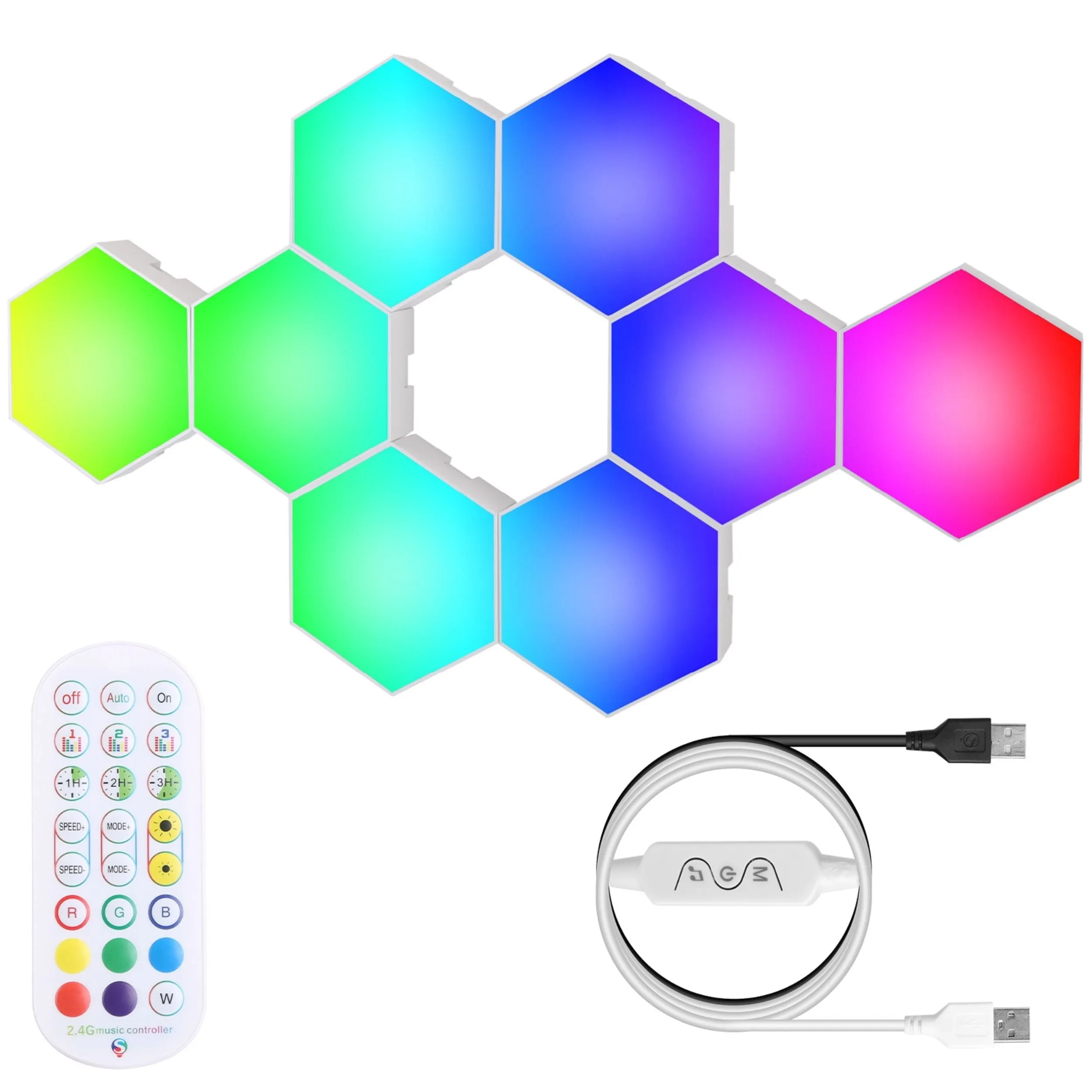 8Pcs RGBW Hexagon Wall Panels - App Control - Timing - Music Sync - Decorative Gaming Light - Remote Line Control - Colorful Splicing