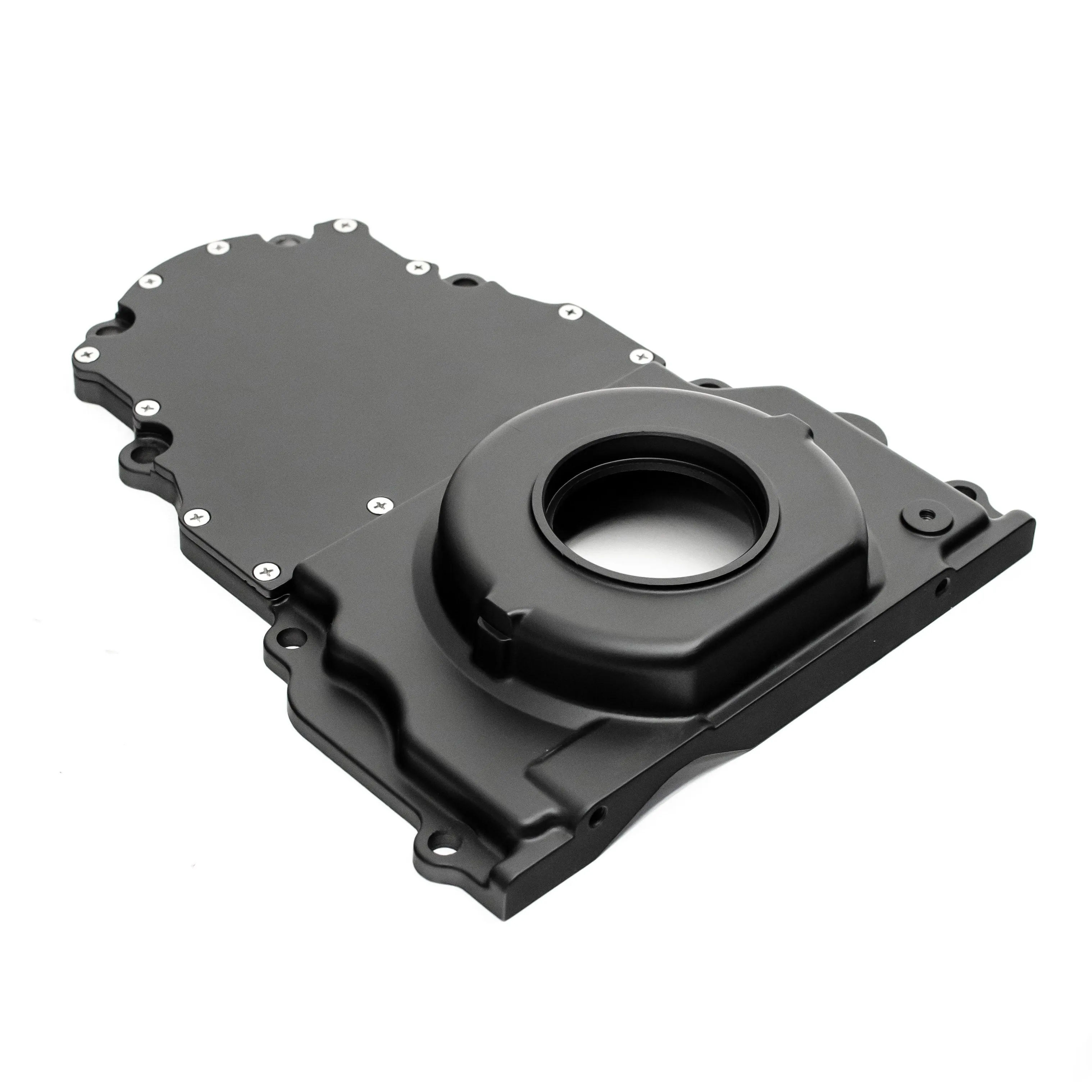 ALUMINUM CHEVY LS TWO PIECE TIMING CHAIN COVER W-O CAM SENSOR HOLE - BLACK