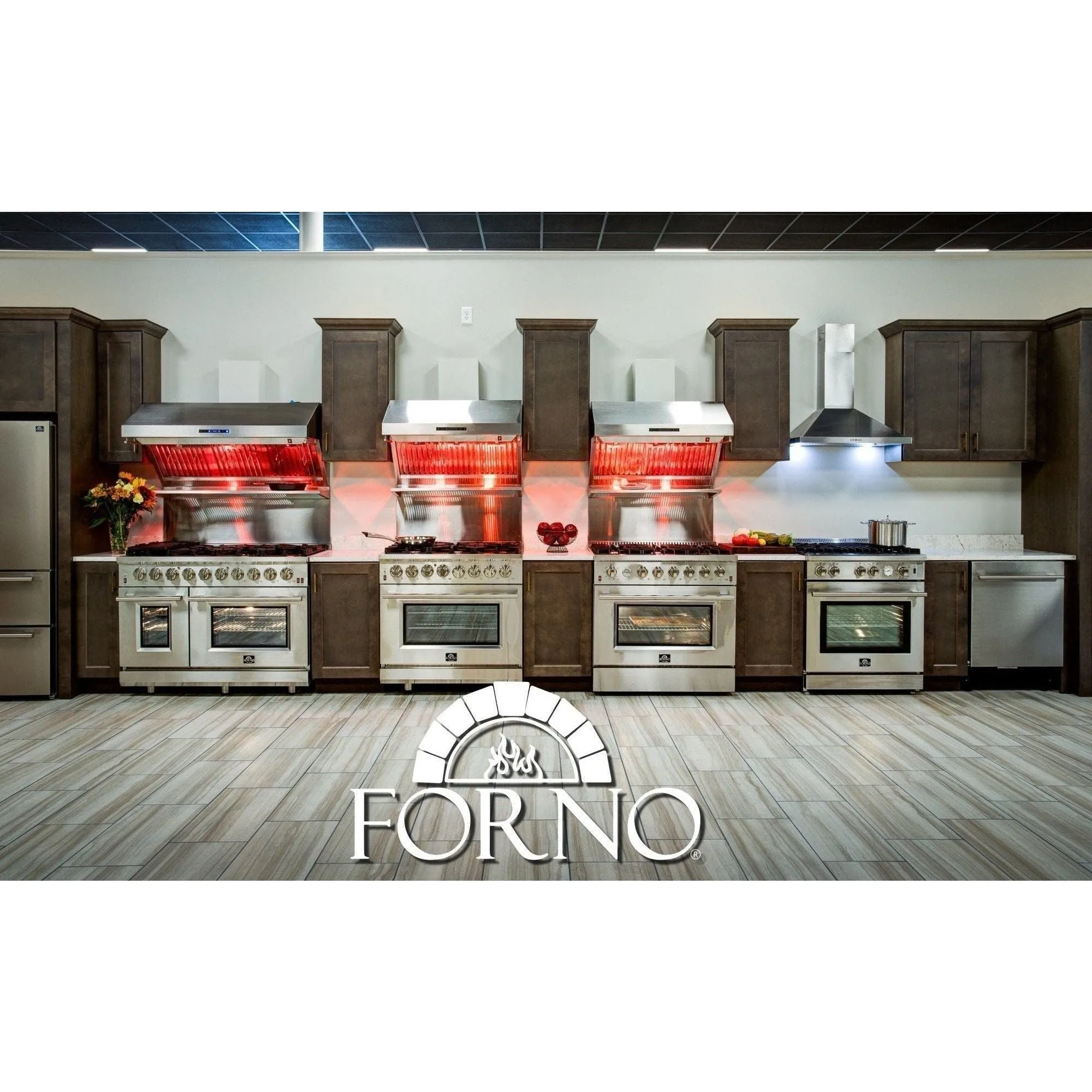 Forno 36" Gas Range, Wall Mount Hood with Backsplash, 56" Pro-Style Refrigerator and Stainless Steel Dishwasher Pro Appliance Package