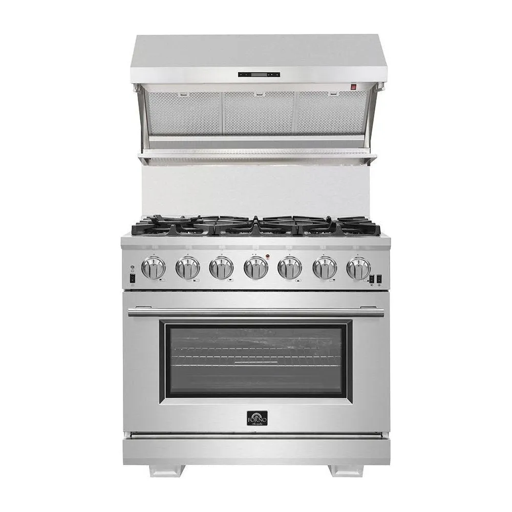 Forno 36" Gas Range, Wall Mount Hood with Backsplash, 56" Pro-Style Refrigerator and Stainless Steel Dishwasher Pro Appliance Package