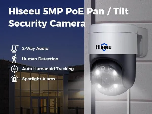 Hiseeu 【Auto Tracking  2-Way Audio】 5MP PoE Security Camera Outdoor,CCTV Home Security Cameras,PTZ 300°Pan 90 Tilt Digital Zoom,Spotlight Alarm, Human Detection, No Monthly Fee