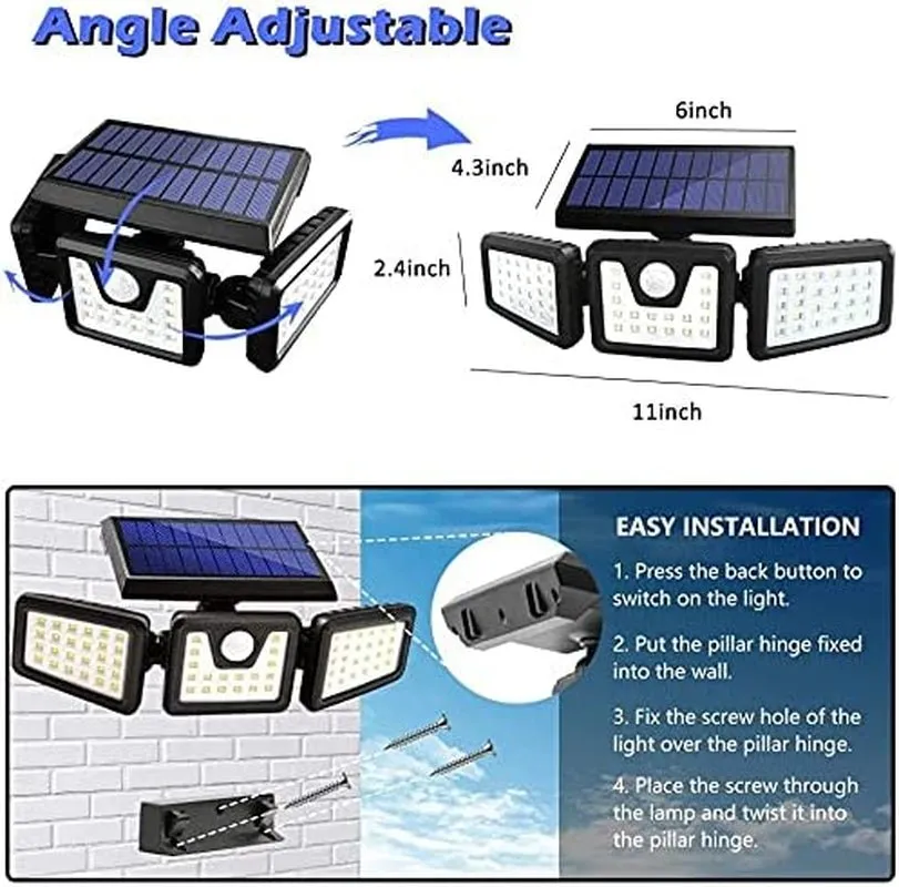 HOORAY Solar Lights Outdoor - 800Lumens 74 LED Wireless Motion Sensor Light,3 Adjustable Heads,270°Wide Angle Illumination,Ip65 Waterproof