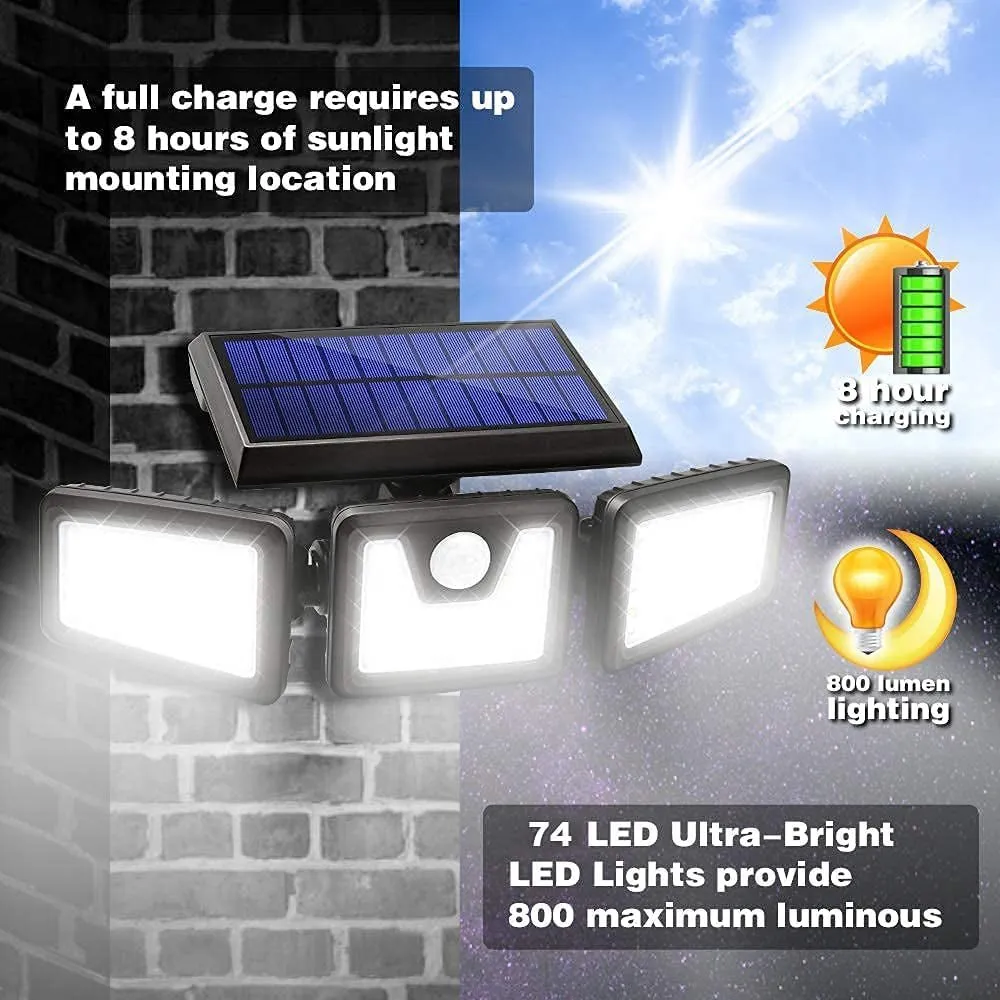 HOORAY Solar Lights Outdoor - 800Lumens 74 LED Wireless Motion Sensor Light,3 Adjustable Heads,270°Wide Angle Illumination,Ip65 Waterproof