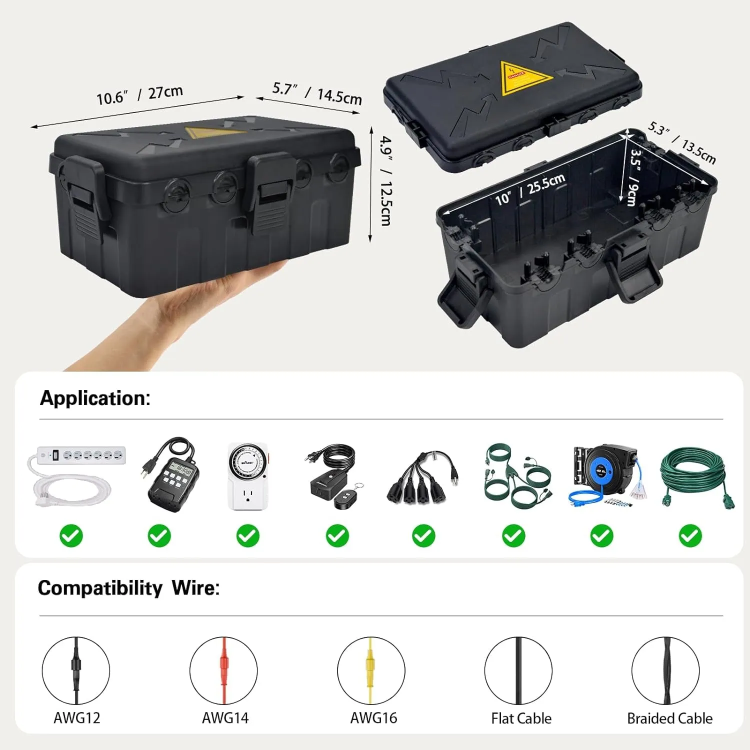 Medium Outdoor Electrical Box(10.6X5.7X5Inch),Weatherproof Connection Box W/6 Cable Entry,Ip54 Waterproof Extension Cord Cover Protect Power Strip,Timer,Plug,Holiday Lights,Black