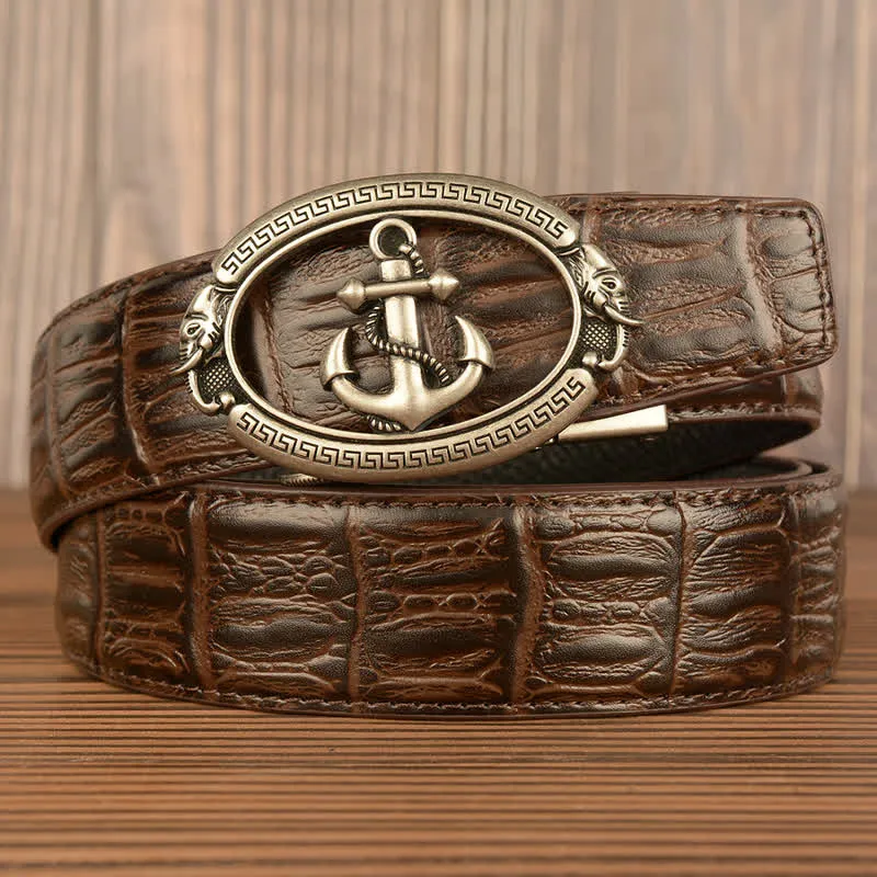 Men's Nautical Anchor Crocodile Embossed Leather Belt