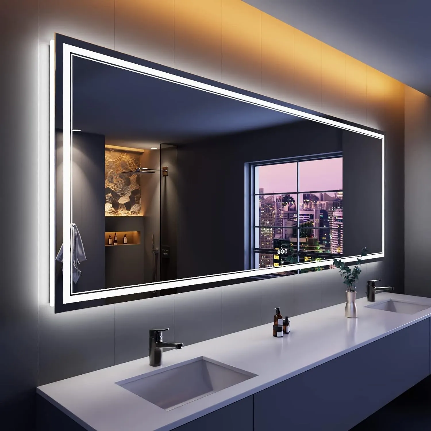 MIRROR WORLD wall mounted 3D rectangular shape smart mirror with touch sensors for Bathroom and makeup room featuring The three light Choices (Warm, White, Natural White) size (24x30).