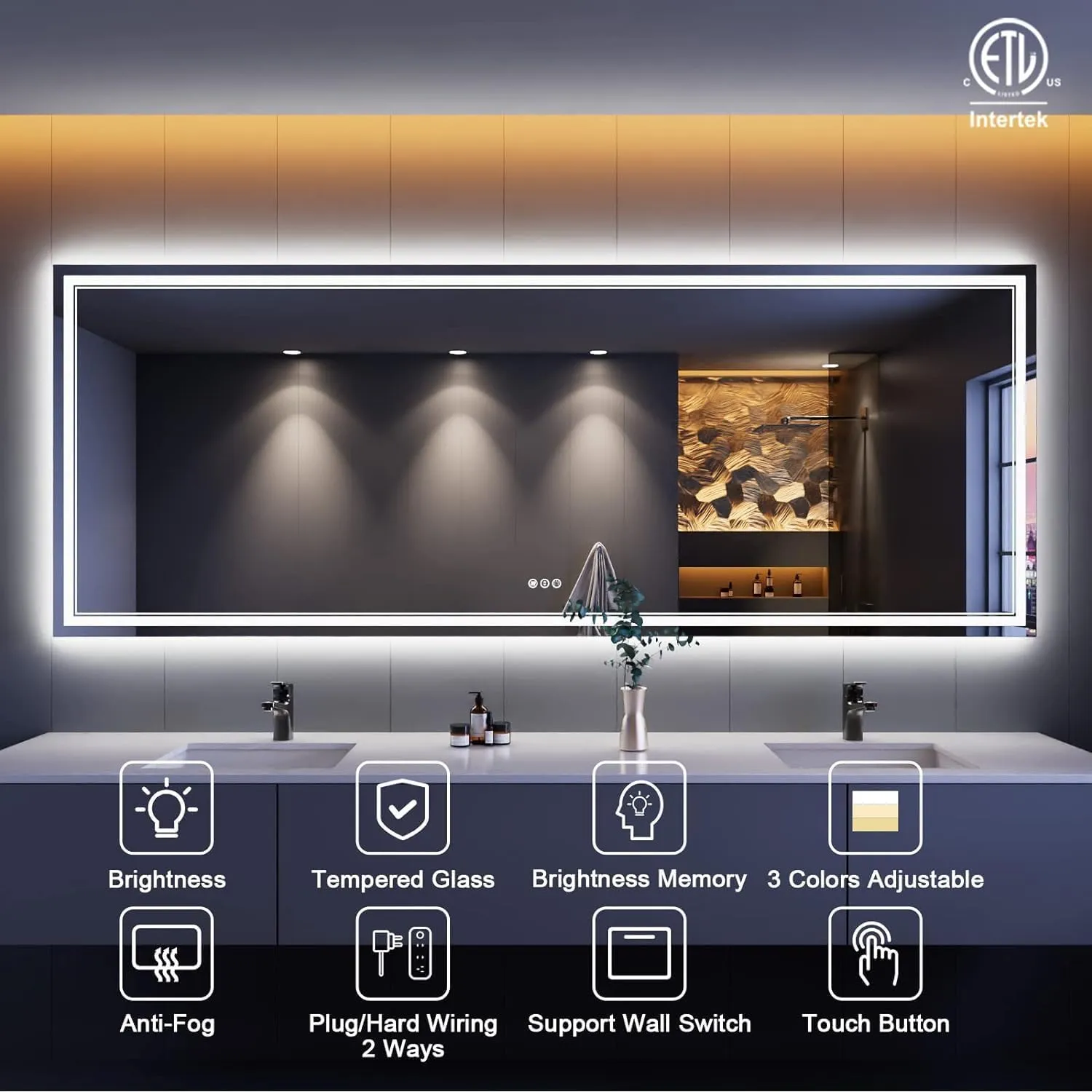 MIRROR WORLD wall mounted 3D rectangular shape smart mirror with touch sensors for Bathroom and makeup room featuring The three light Choices (Warm, White, Natural White) size (24x30).