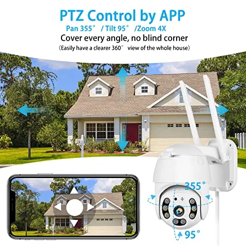 Outdoor Security Camera, 2022 Upgraded WiFi Camera Surveillance, 1296P FHD Security Camera Outdoor, Color Night Vision, Humanoid Detection, PTZ, IP66, 2-Way Talk, 32G SD Card Included, Wired