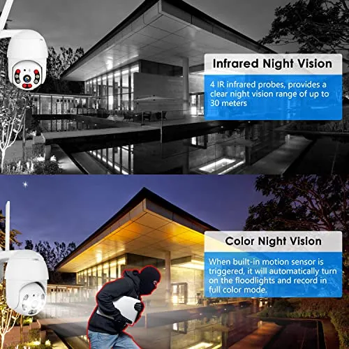 Outdoor Security Camera, 2022 Upgraded WiFi Camera Surveillance, 1296P FHD Security Camera Outdoor, Color Night Vision, Humanoid Detection, PTZ, IP66, 2-Way Talk, 32G SD Card Included, Wired